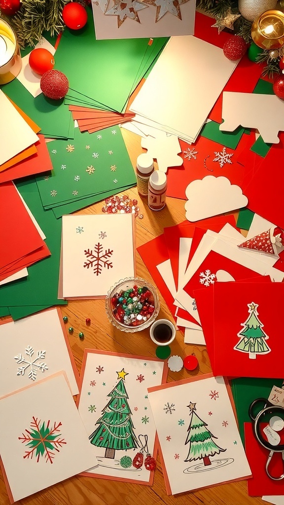 A crafting table with DIY Christmas cards, colorful markers, and festive decorations.